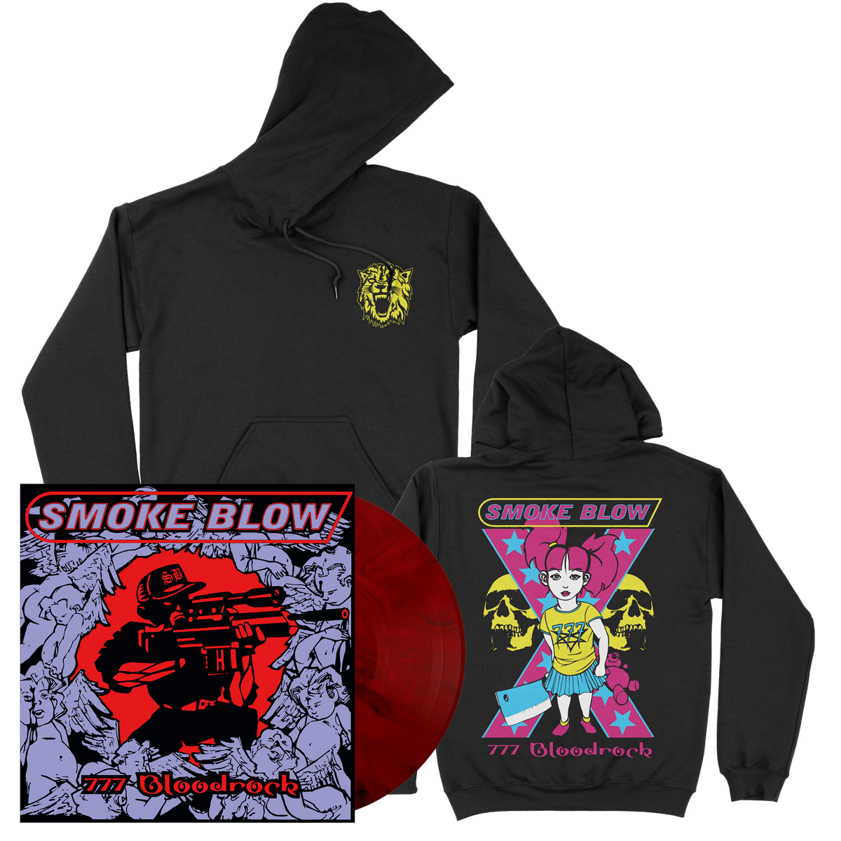 Smoke Blow (777 Bloodrock) 140g Red & Black Marbled Vinyl + Hoodie-Bundle